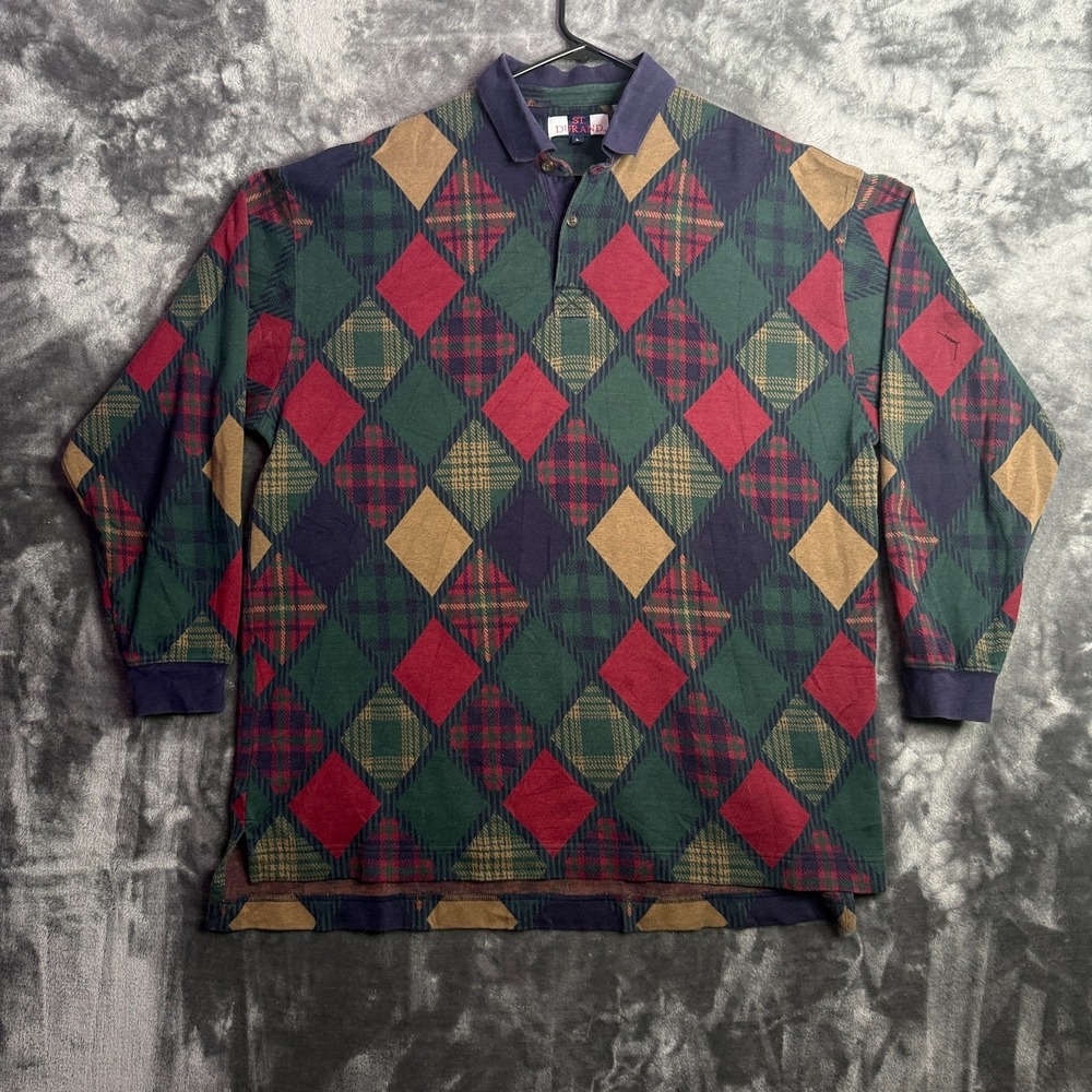 Vintage St. Durand Large Polo Long Sleeve Pullover Sweater Diamond Plaid Collard